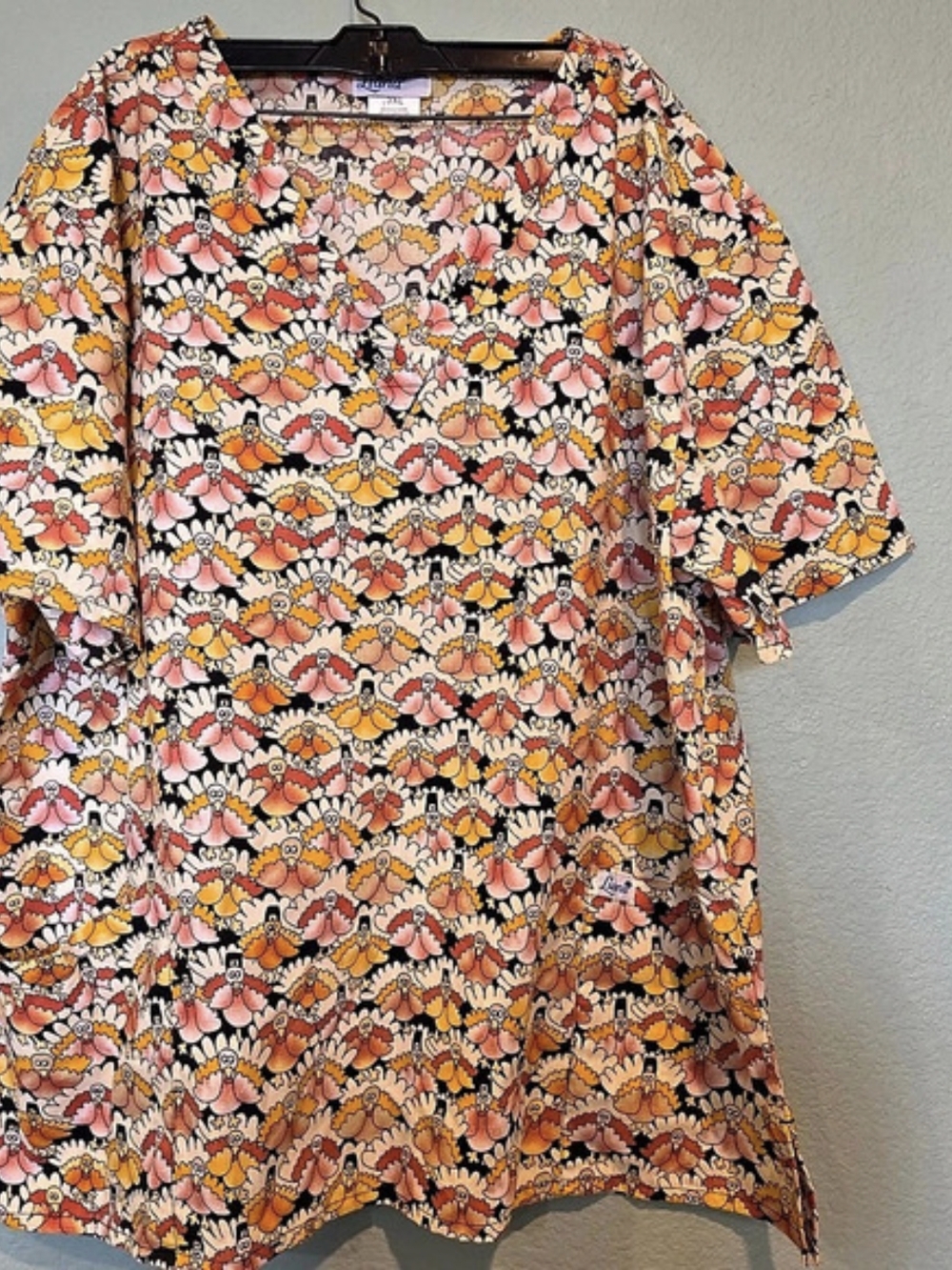 Fall Autumn Thanksgiving Scrub Top Turkey All Over Print Women's Size 3xl V Neck